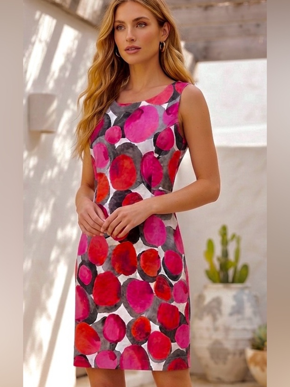 An Ra Bold Pink & Red Polka Dot Sheath Dress